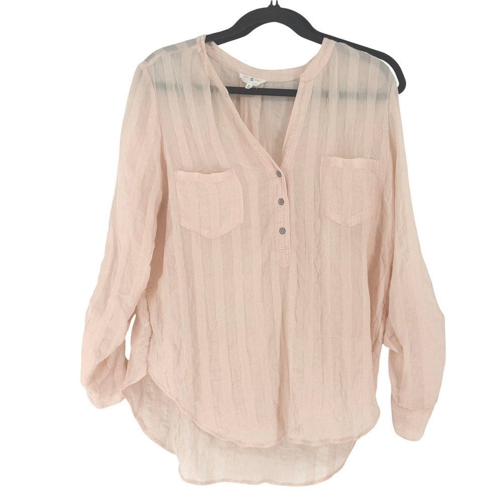 Lou & Grey Pastel Peach Striped Henley Top LS Sheer Oversized Coastal Airy Femin
